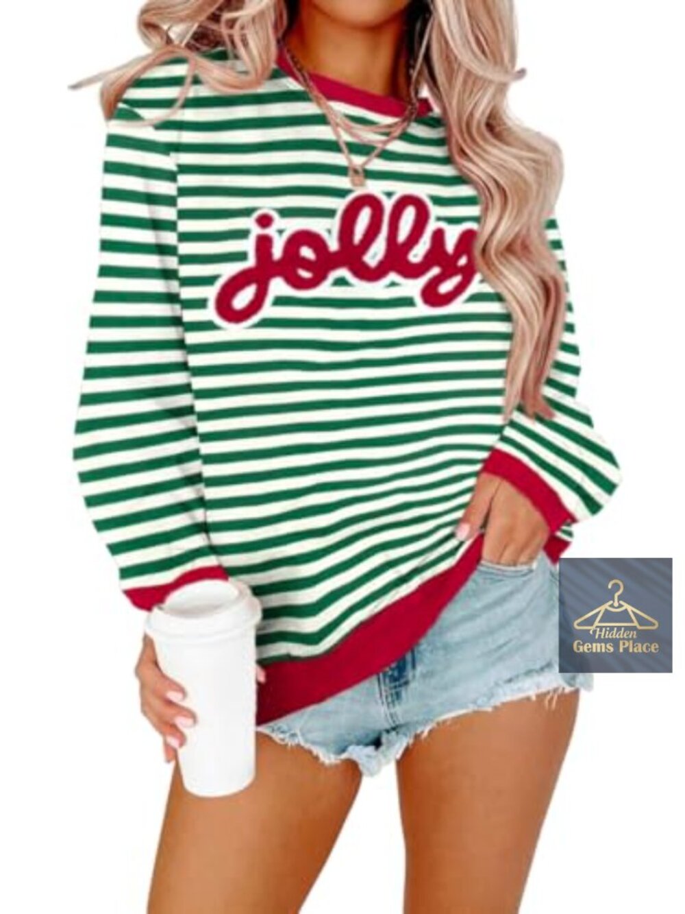 Christmas Jolly Merry Patch Striped Sequin Sweatshirt Women's Crewneck Long